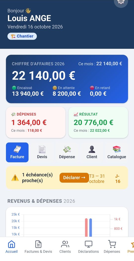 L’écran d’accueil complet de l’application AEcompagnon : chiffre d’affaires, dépenses, résultat, boutons Facture, Devis, Dépense, Client, Catalogue, échéance URSSAF et graphique des revenus