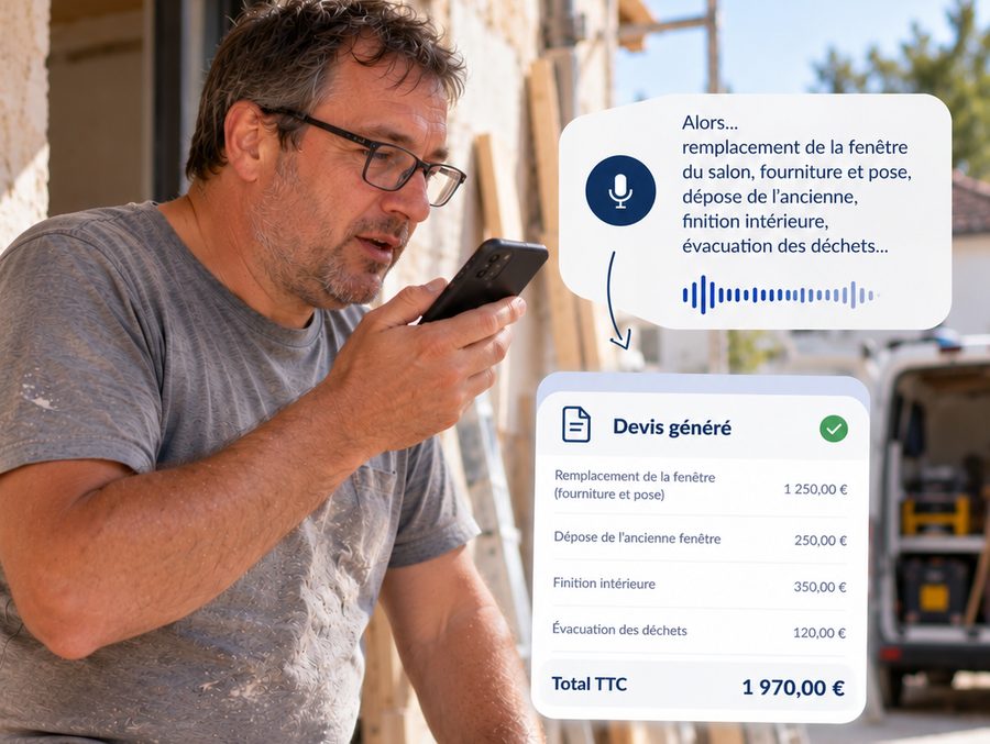 Illustration : un artisan dicte sa prestation à son téléphone sur le chantier, et les lignes du devis apparaissent avec leurs prix