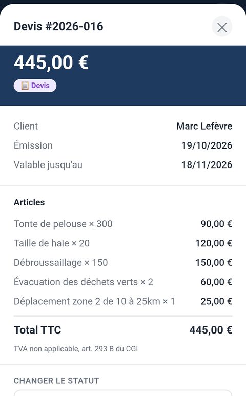 Le devis obtenu après la dictée, avec ses lignes et son total