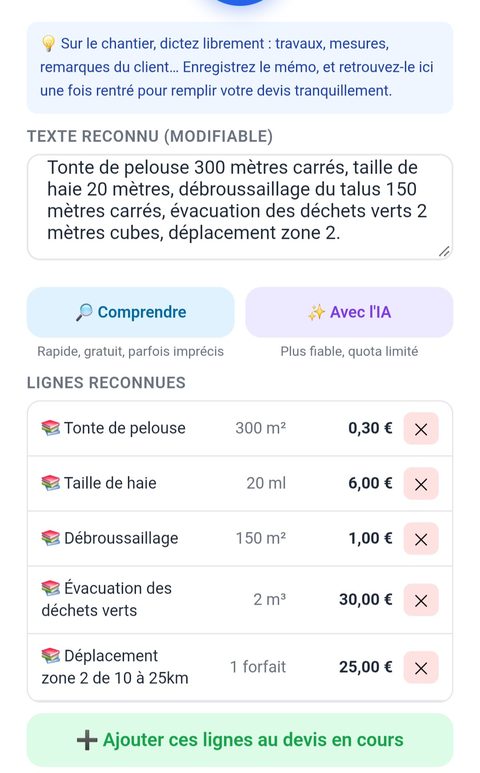 Les lignes reconnues après la dictée, avec quantités et prix